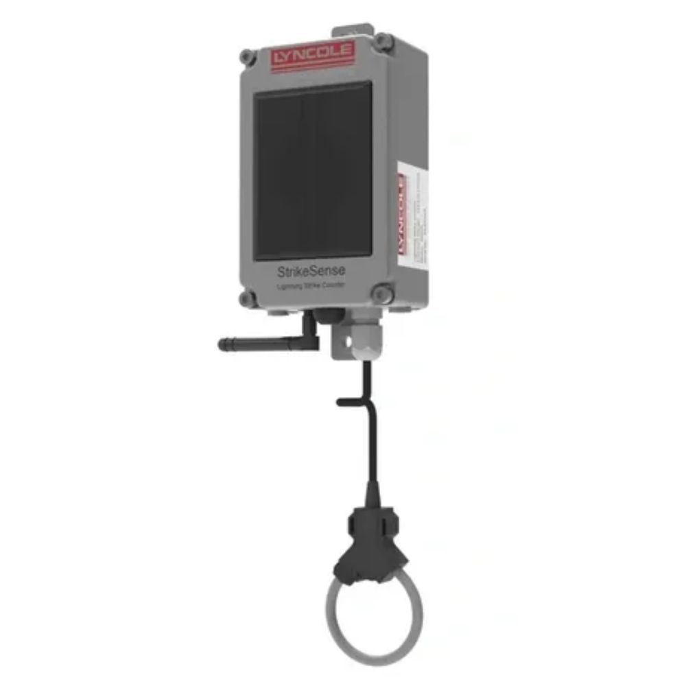 Lyncole StrikeSense smart lightning strike counter device installed on a building