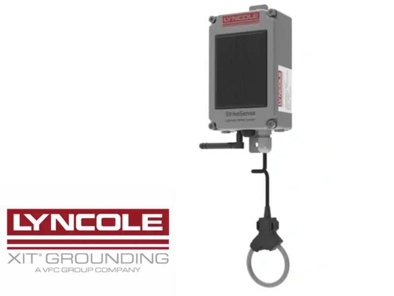 Lyncole StrikeSense smart lightning strike counter device installed on a building