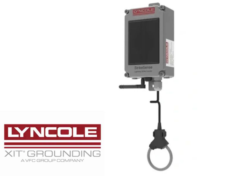 Lyncole StrikeSense smart lightning strike counter device installed on a building